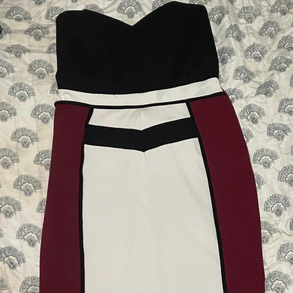 Strapless maroon, black, and white